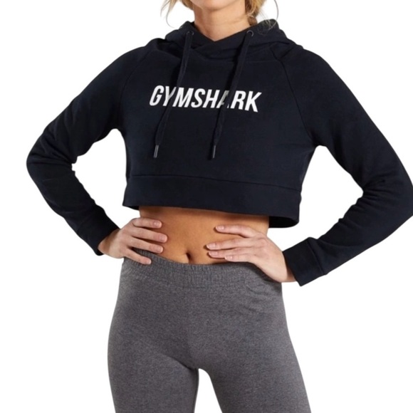 Gymshark Cropped Pullover Hoodie-Black-Spellout Graphic-Small - Picture 1 of 13